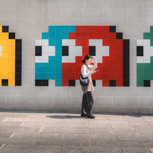 A woman checking her phone as she walks past a wall of giant pixel-art Space Invaders in blue and red