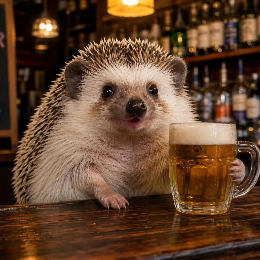 Hedgehog holding a pint at a pub bar, generated by GPT Image 2