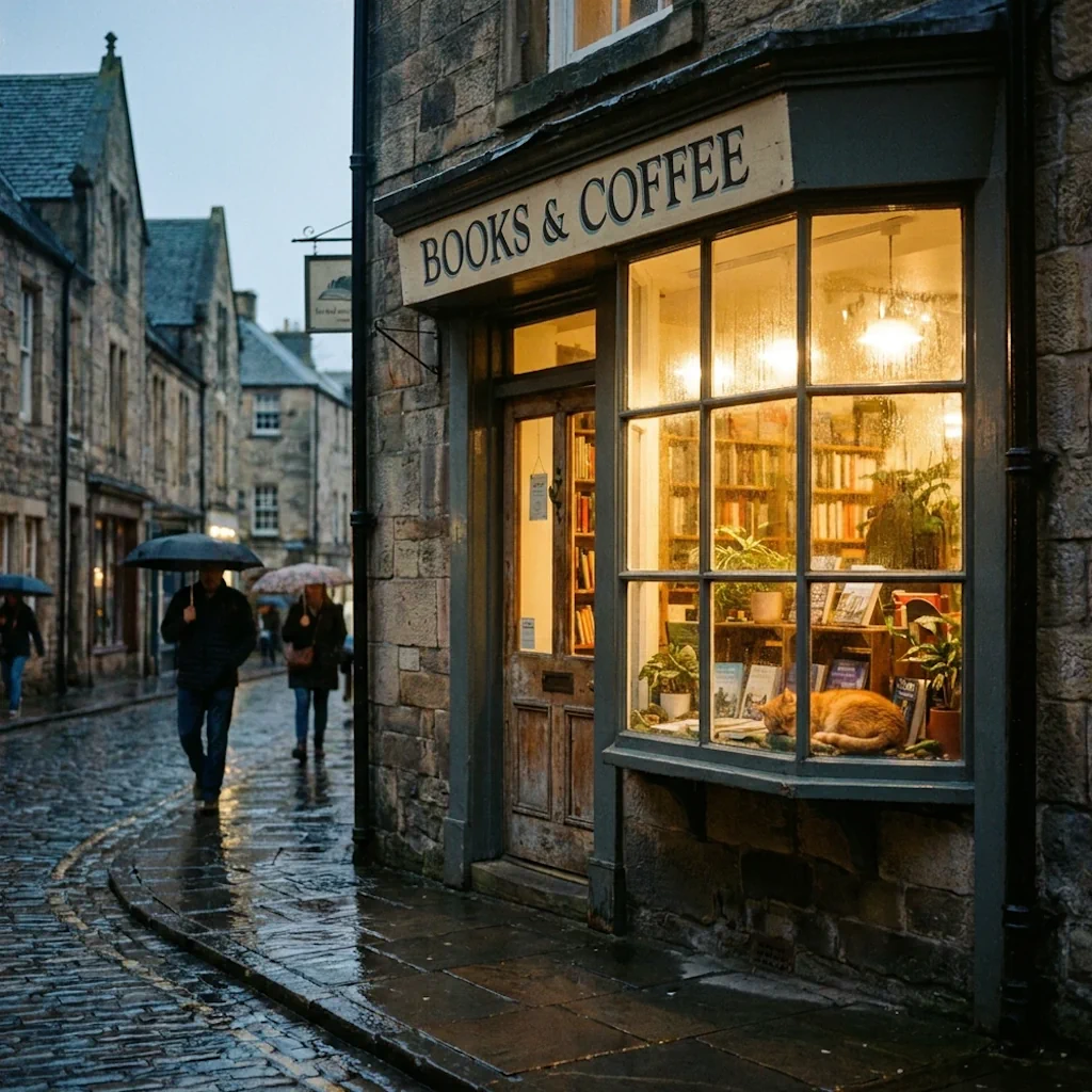 Rainy cobbled street bookshop with a Books and Coffee sign, generated by Nano Banana Pro