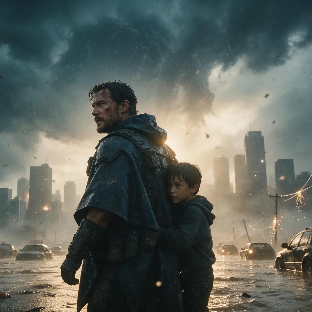 Man shielding a boy in a flooded city storm, generated by Seedream 5.0 Pro