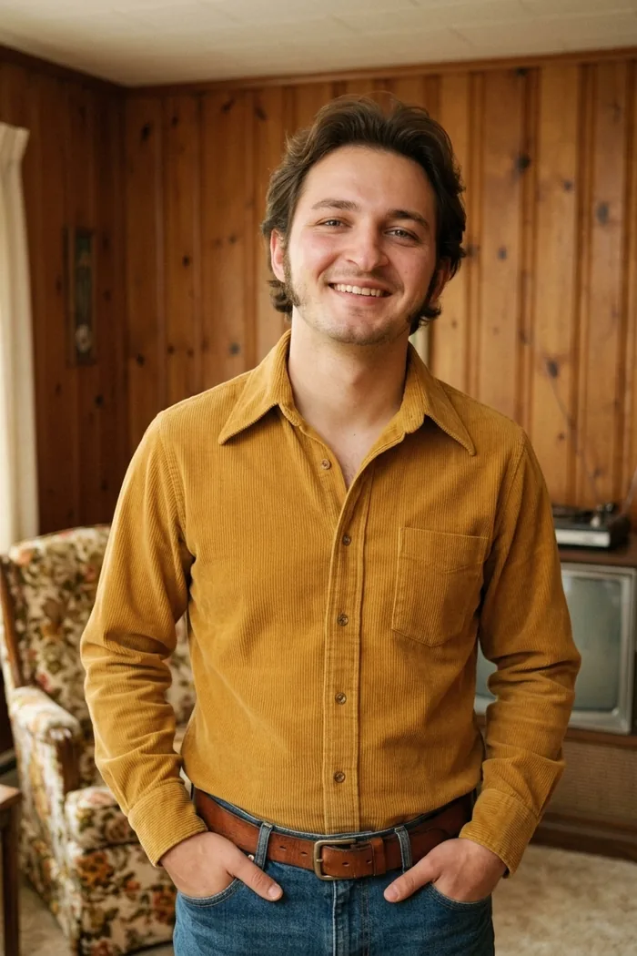 The same man in a 1970s corduroy shirt in a wood panelled living room