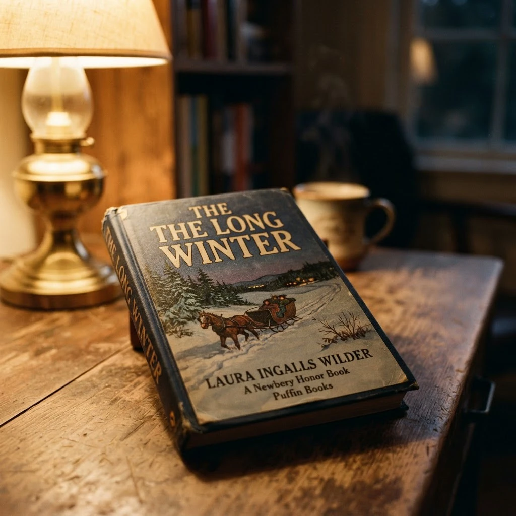 A hardback book cover on a wooden desk, the title THE LONG WINTER in bold serif type, warm lamplight, shallow depth of field
