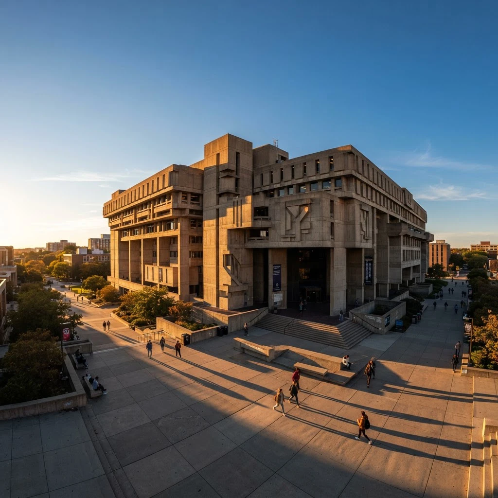 A brutalist concrete library at golden hour, long shadows, wide angle, clear blue sky