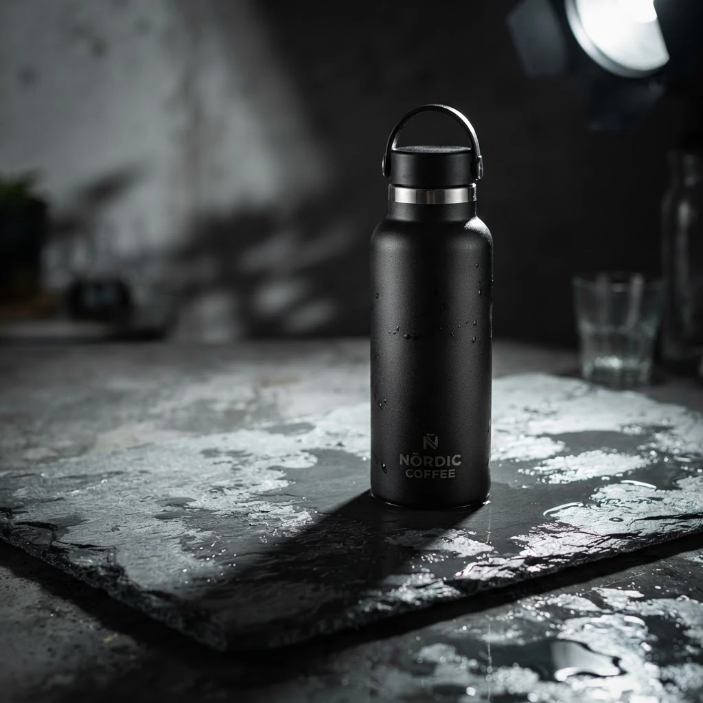 A matte black coffee flask on wet slate, studio lighting, one hard shadow, product shot