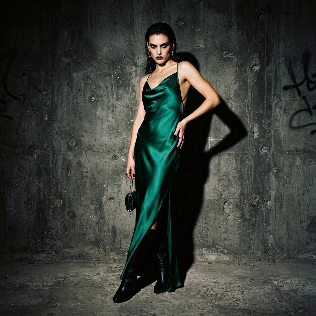 An editorial fashion portrait, model in an emerald silk dress against a raw concrete wall, hard flash, deep shadows