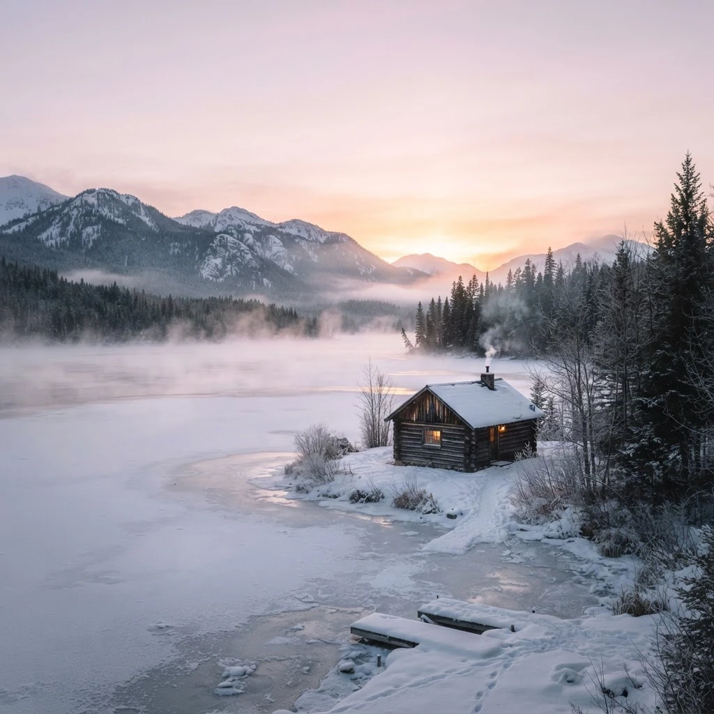 A lone cabin on a frozen lake at dawn, pale pink sky, mist drifting over the ice