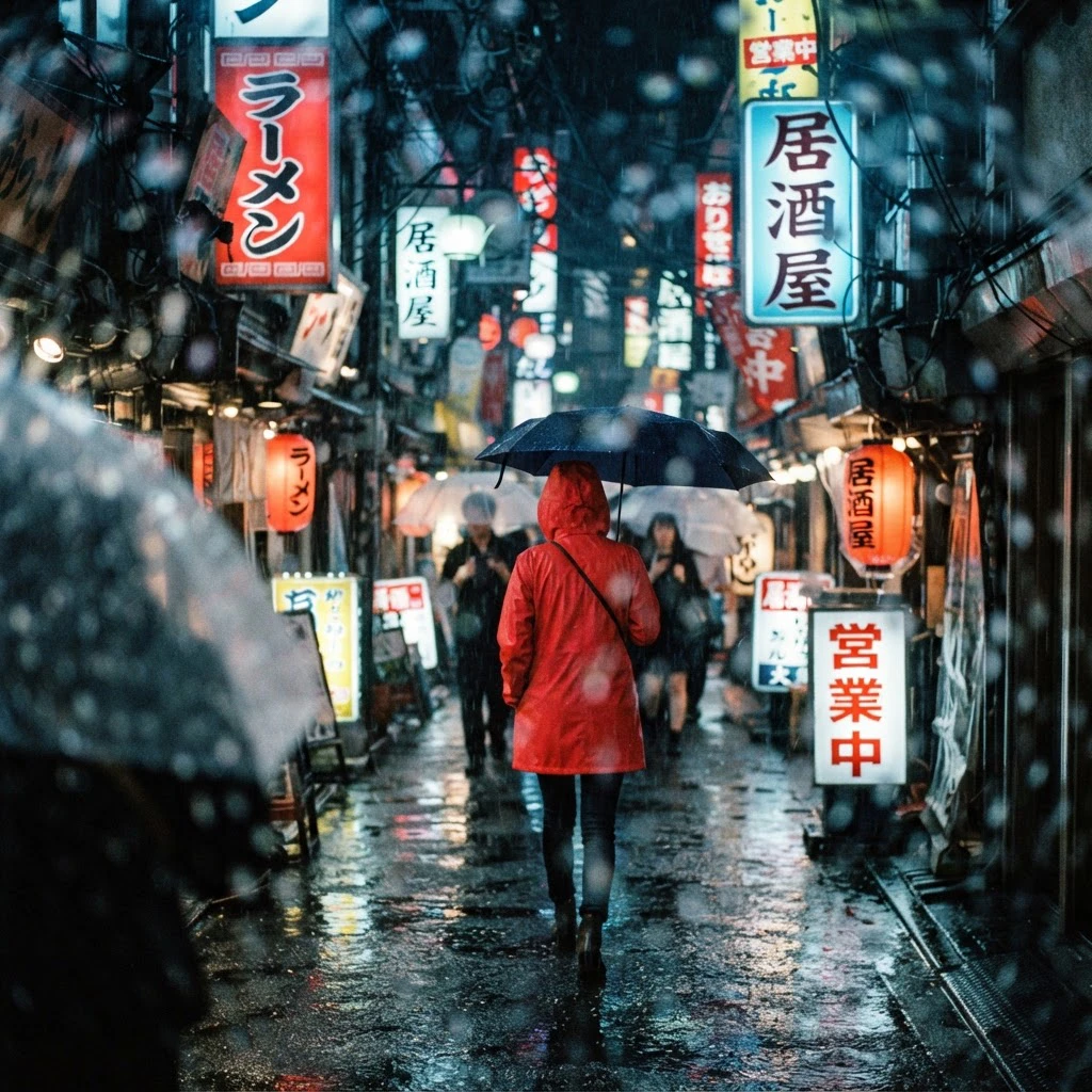 A woman in a red raincoat under neon signs on a Tokyo backstreet at night, made with the free generator