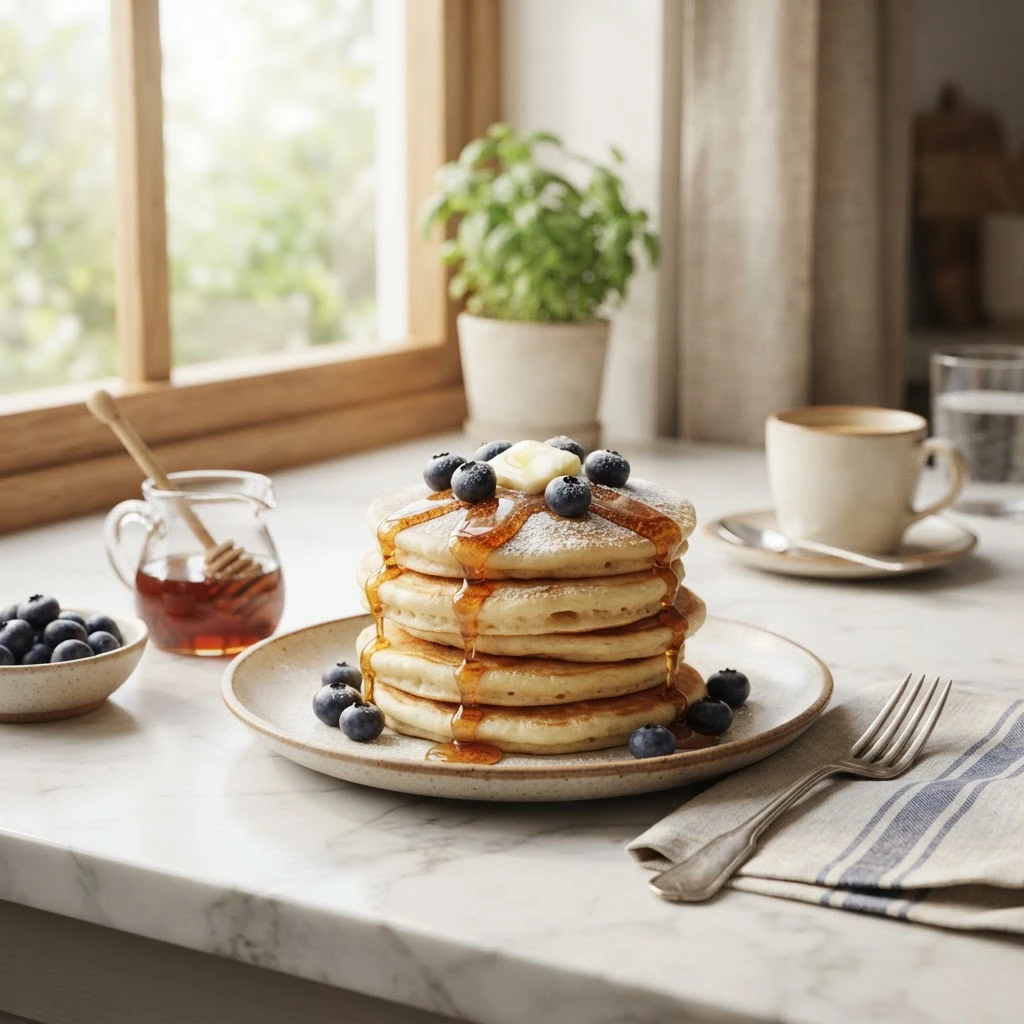 A stack of pancakes with maple syrup and blueberries, soft morning window light, marble worktop