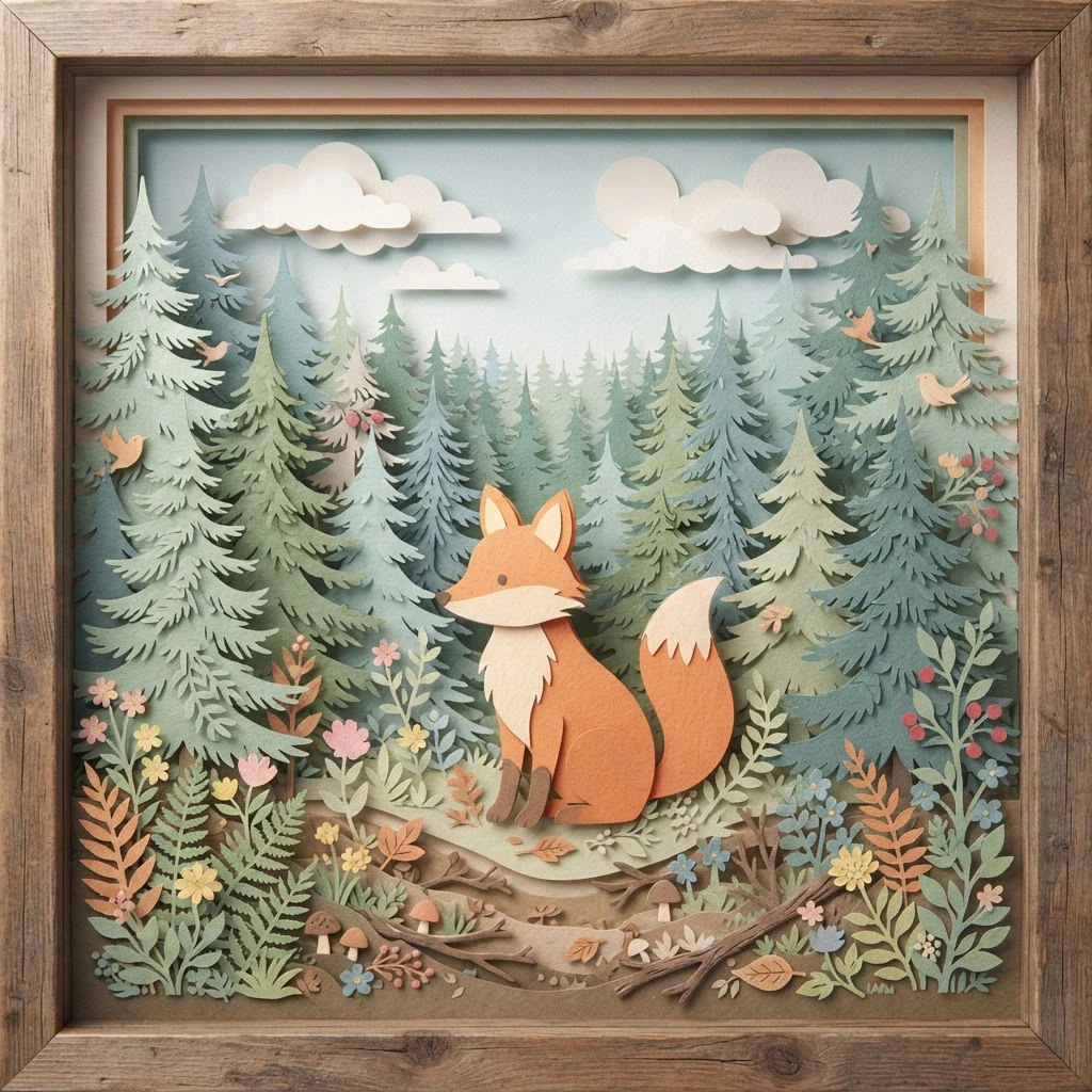 A paper-cut illustration of a fox in a pine forest, layered pastel card, soft shadows