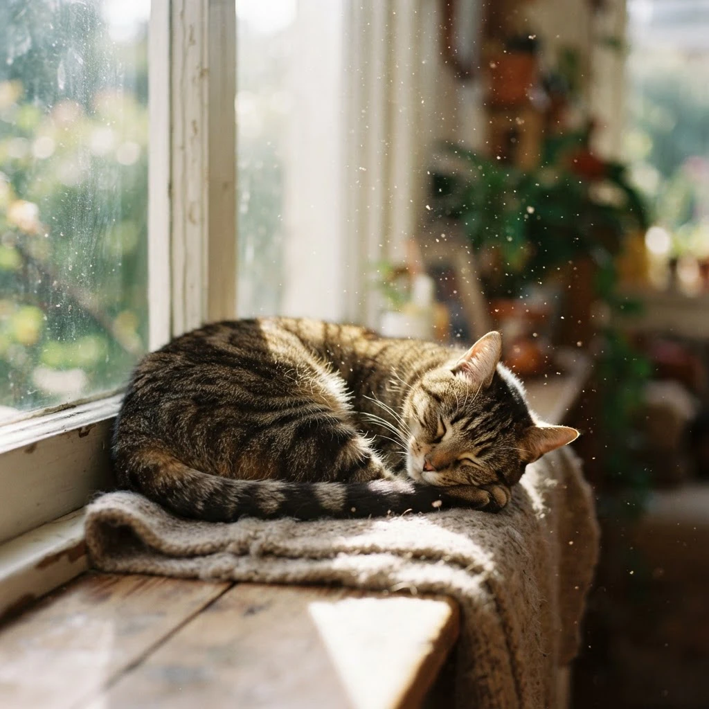 A tabby cat asleep on a sunlit windowsill, dust floating in the light, shallow depth of field