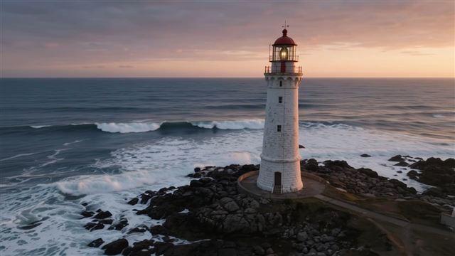A lighthouse at sunset, an AI video made from a text prompt